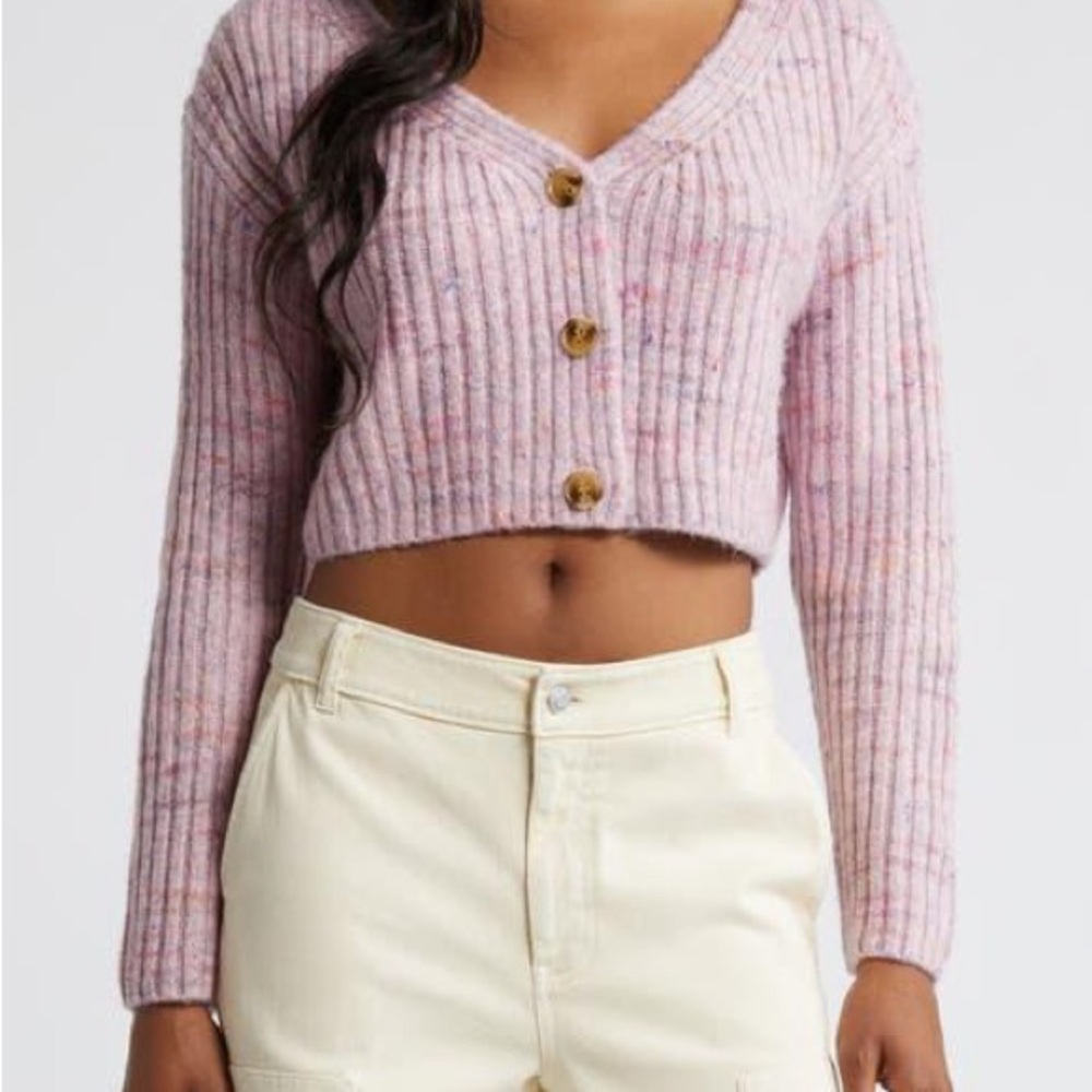 BP. Pink Ribbed Knit Crop Space Dye V Neck Cardigan